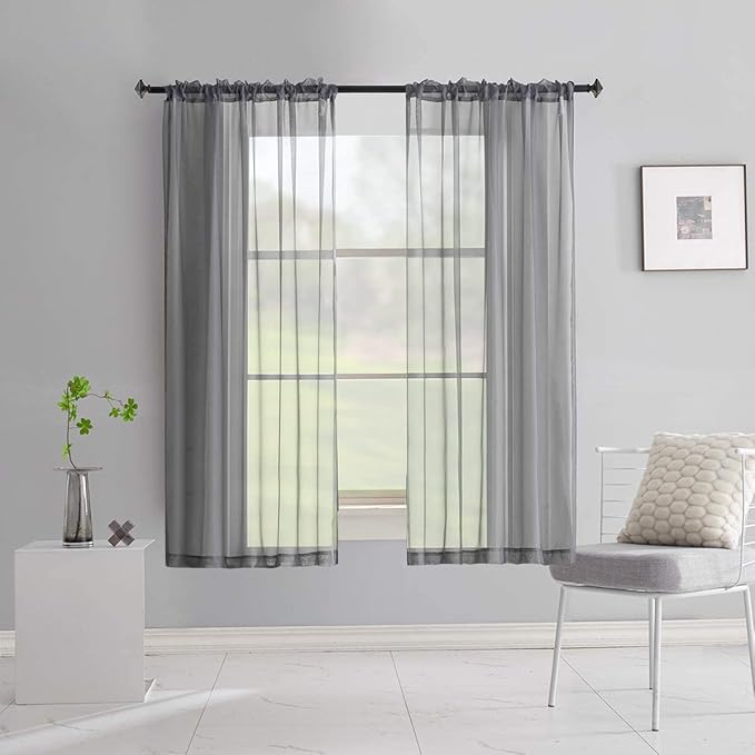 Grey Sheer Voile Curtains Gray Sheer Curtain Translucent Solid Color Window Treatment 63 Inches Long Panels Rod Pocket Grey Drapes for Bedroom Living Room 2 Panels 52x63