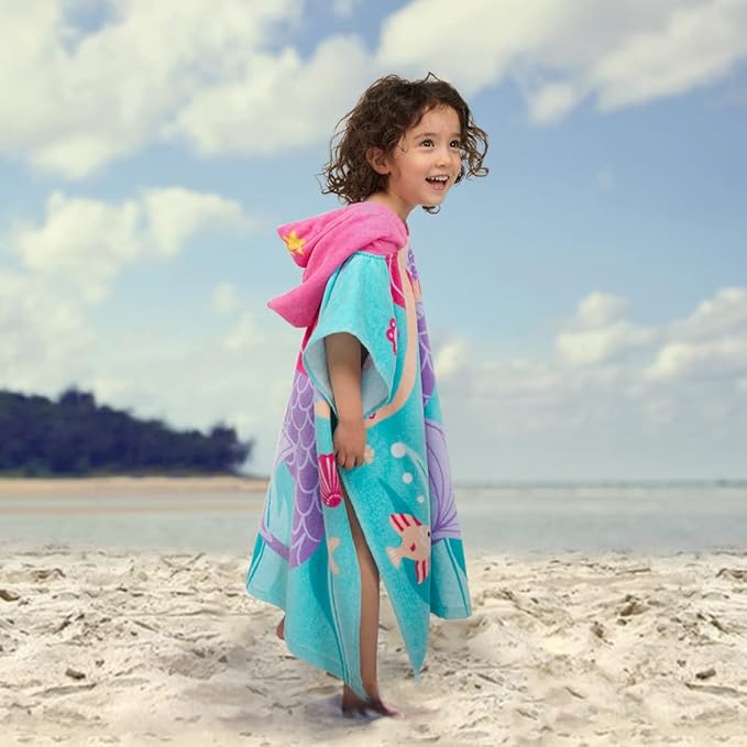 Toddler Hooded Beach Towel Coverup Cape Kids 100% Cotton Soft Quick Dry Absorbent Use for Swim Pool Bath Poncho Towels for 2 to 6 Years Old Children Size 24"x 47" in Full-Length (Fancy Mermai')