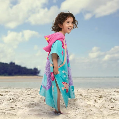 Toddler Hooded Beach Towel Coverup Cape Kids 100% Cotton Soft Quick Dry Absorbent Use for Swim Pool Bath Poncho Towels for 2 to 6 Years Old Children Size 24"x 47" in Full-Length (Fancy Mermai')