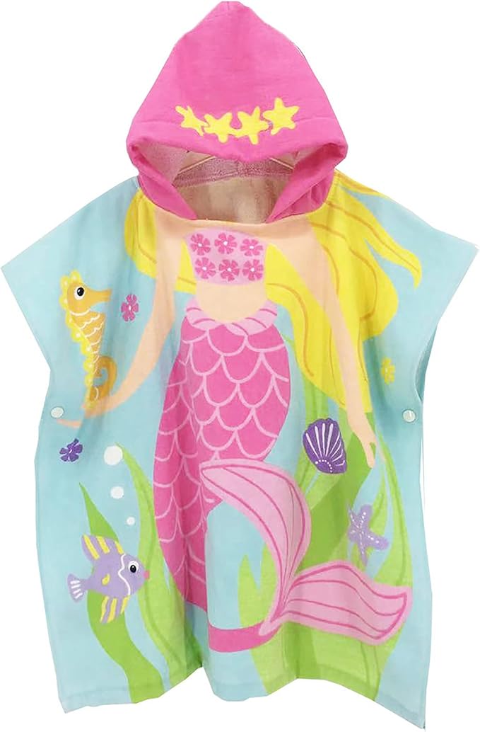 Kids Hooded Towel Bath Beach Soft Cotton Towels Girls Absorbent Pool Wrap with Hood Baby Toddler Poncho Robe(Pink Mermaid,3-4Years/Height:33"-43")
