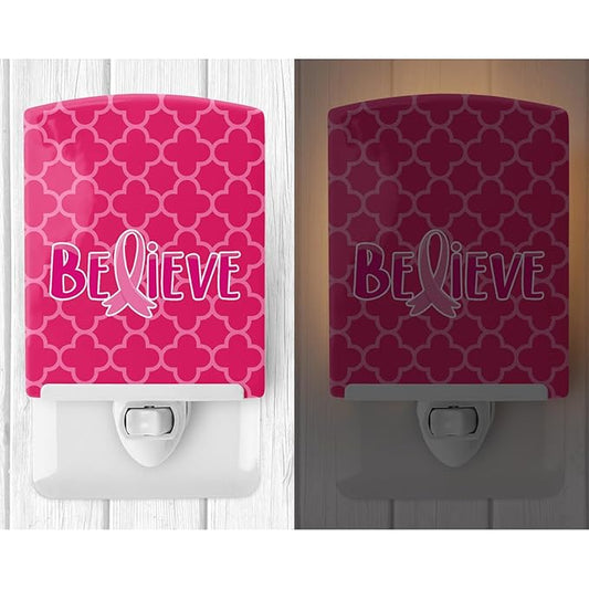 Caroline's Treasures BB6980CNL Breast Cancer Awareness Ribbon Believe Ceramic Night Light Compact, UL-Certified, Ideal for Bedroom, Bathroom, Nursery, Hallway, Kitchen, 6x4x3, Multicolor