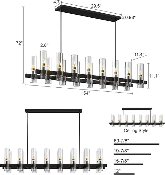 Black Kitchen Island Lighting- 16-Light Linear Chandelier, Adjustable 54'' Modern Farmhouse Rectangle Pendant Light Fixtures, Dining Room, Bedroom