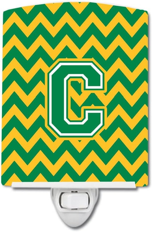 Caroline's Treasures CJ1059-CCNL Letter C Chevron Green and Gold Ceramic Night Light Compact, UL-Certified, Ideal for Bedroom, Bathroom, Nursery, Hallway, Kitchen, 6x4x3, Multicolor