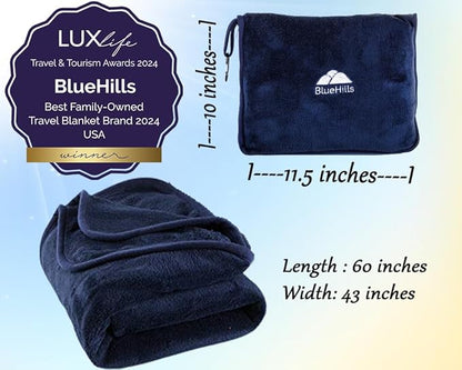 BlueHills Premium Soft 2-Pack Travel Blanket Pillows Airplane Large Plane Flight Throw Travel Blankets for Two in a Bag Compact Traveling Essentials Warm Travel Gifts Long Navy Blue T011