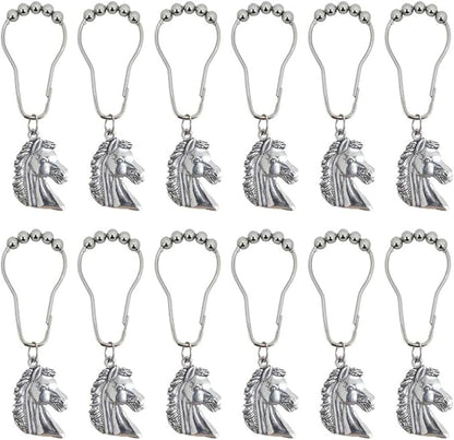 Horse Shower Curtain Hooks for Bathroom, Rustproof Stainless Steel Decorative Shower Curtain Rings with Zinc Alloy Horse Head Shaped Pendant Western Bathroom Decor 12PCS