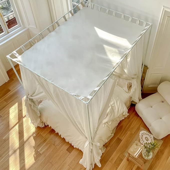 Mengersi Linen Canopy Bed Curtains,Bed Canopy Curtains Bed Drapes Sheer Curtains for Bedroom Decor (Ivory, California King)