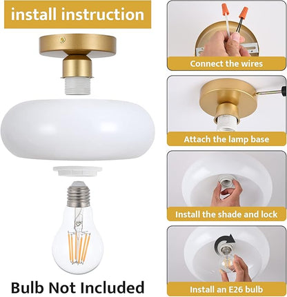 Mid-Century Modern Gold Semi Flush Mount Ceiling Light, Kitchen Ceiling Light Fixture with Glass Shade, Vintage White Close to Ceiling Lamp for Entryway Hallway Bathroom (11.0 Inch)