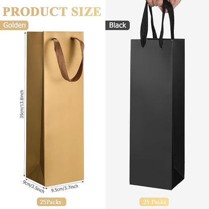 Fumete 50 Pack Wine Bottle Gift Bags Paper Wine Gift Bags Bulk 13.8x3.7x3.5 Wine Bags with Handles Appreciation Gifting Bags for Christmas Wedding Anniversary Birthday Party(Black, Gold)