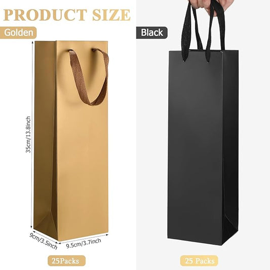 Fumete 50 Pack Wine Bottle Gift Bags Paper Wine Gift Bags Bulk 13.8x3.7x3.5 Wine Bags with Handles Appreciation Gifting Bags for Christmas Wedding Anniversary Birthday Party(Black, Gold)
