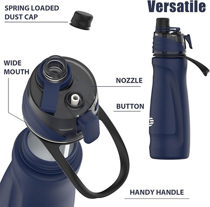 Misting Water Bottle, 24oz Insulated Water Bottle, 2-in-1 Mist & Sip Stainless Steel Water Bottles, Thermo for Hot Drinks/Cold Drinks, Sports Water Bottle for Hiking, Running, Gym, Navy Blue