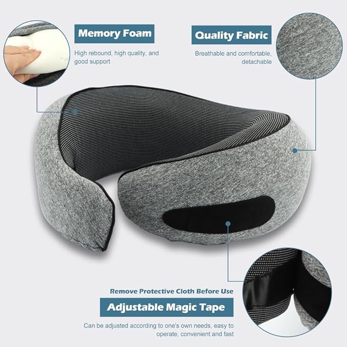 Travel Pillow Neck Pillows Pure Memory Foam Neck Pillow with 3D Eye Masks and Earplugs 360° Adjustable Full Surrounding Neck Pillows for Airplanes, Cars, Offices (Grey)