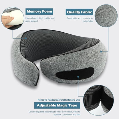Travel Pillow Neck Pillows Pure Memory Foam Neck Pillow with 3D Eye Masks and Earplugs 360° Adjustable Full Surrounding Neck Pillows for Airplanes, Cars, Offices (Grey)