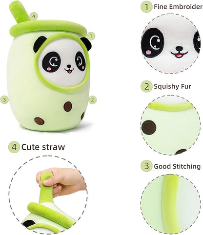 Niuniu Daddy Boba Plushies with Panda Face-13.7inches Large Green Cream Bubble Tea with Straw Stuffed Animals-Soft Kawaii Milk Tea Cup Plush Toy Pillow for Kids-Machine Washable