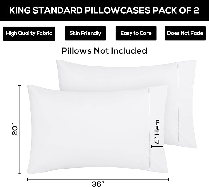 Utopia Bedding King Standard Pillow Cases - 2 Pack - Envelope Closure - Soft Brushed Microfiber Fabric - Shrinkage and Fade Resistant Pillow Covers 20 X 36 Inches (King Standard, White)