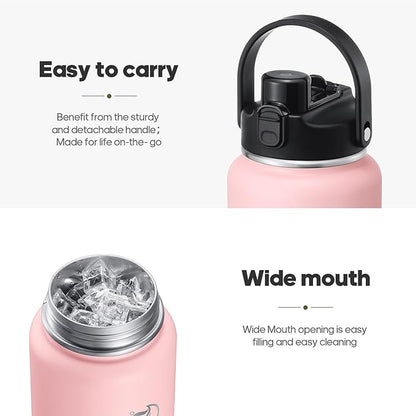 Half Gallon Insulated Water Bottle with 2-in-1 Lid (Chug Lid/Straw Lid), 40/64oz Double Walled Vacuum Stainless Steel Water Bottles, Water Jug with Straw