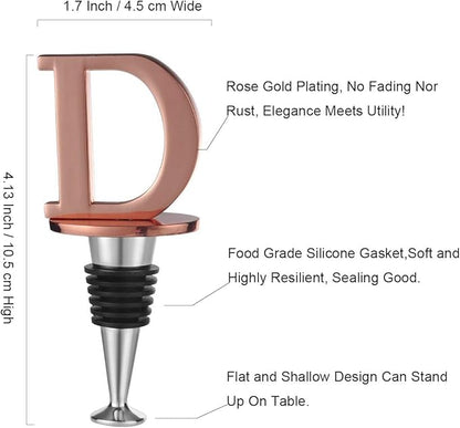 Wine and Beverage Bottle Stopper With Rose Gold Finish-Perfect Presents/Gift Idea for Valentines Day, Mothers Day, Fathers Day, Thanksgiving Day,D-Initial (Letter D)