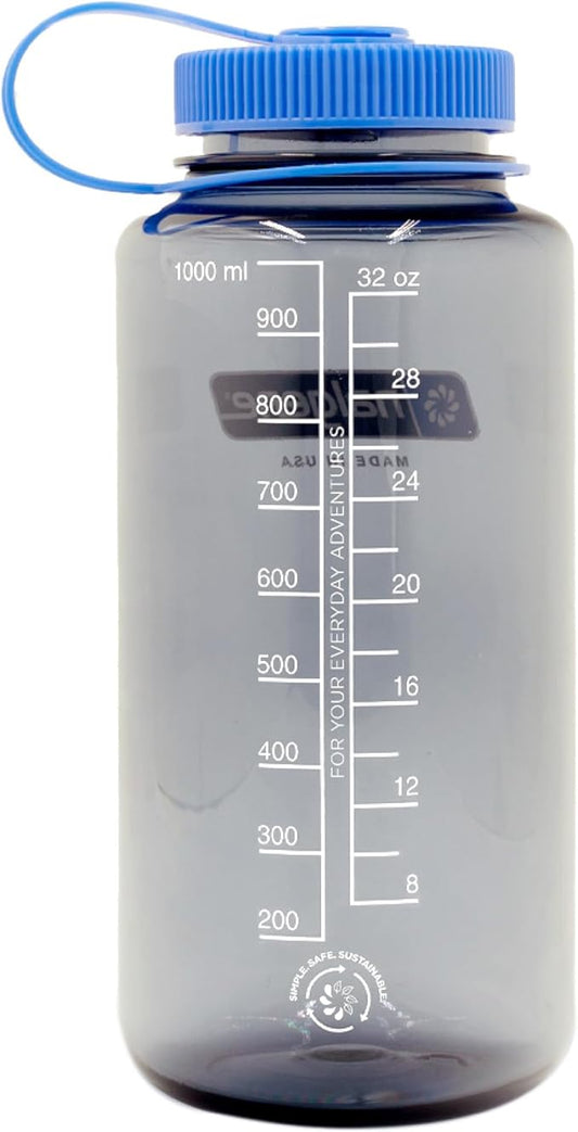 Nalgene Sustain Tritan BPA-Free Water Bottle Made with Material Derived from 50% Plastic Waste, 32 OZ, Wide Mouth,Smoke Grey