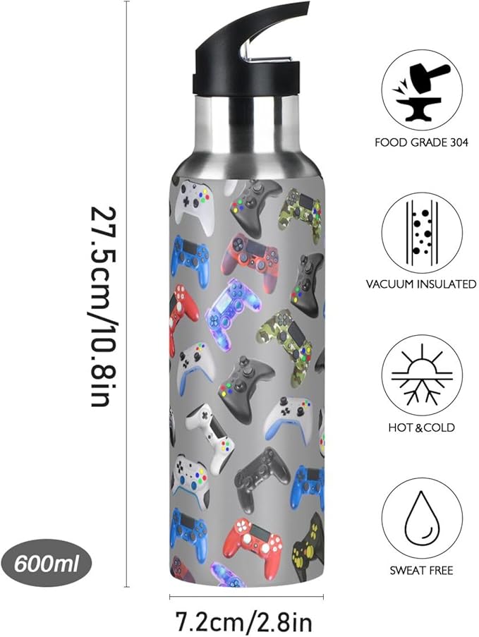 Gamer Gaming Weapon Gamepad Stainless Steel Water Bottle with Straw Lid - 20 Oz Sports Insulated Water Bottle Thermos for Sport Gym Outdoor Travel School (DZ003)
