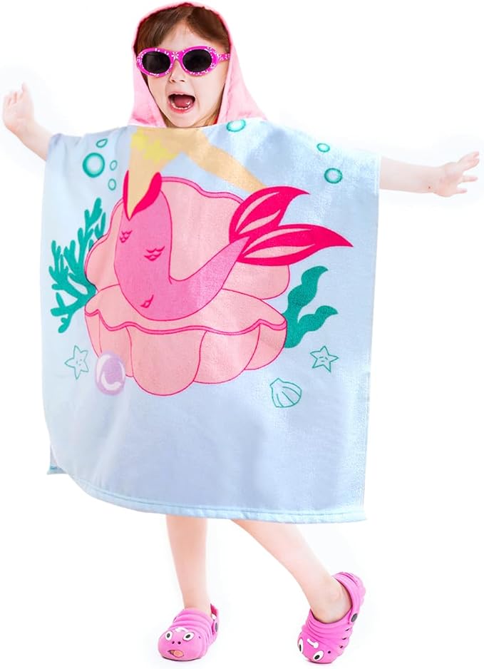 Kids Blue Mermaid Hooded Beach Towel Girls Cute Poncho Pool Towels with Hood 24*47 in Soft Microfiber Swim Cover-ups Kids Ages 3-10 Thick Absorbent Cotton Hooded Bath Towel Wrap Bathrobe