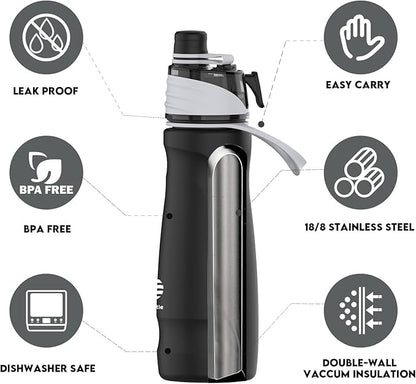 Misting Water Bottle, 24oz Insulated Water Bottle, 2-in-1 Mist & Sip Stainless Steel Water Bottles, Thermo for Hot Drinks/Cold Drinks, Sports Water Bottle for Hiking, Running, Gym, Iron Black