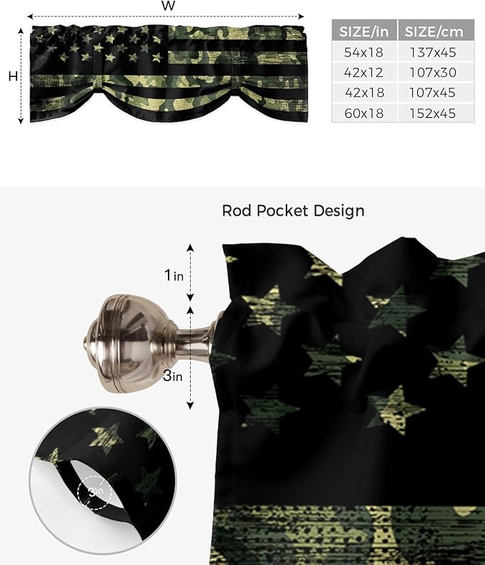 Rustic Green Camo Military Pattern American Flag Blackout Tie Up Valance Curtains for Kitchen Windows Camouflage Window Toppers Balloon Shades for Living Room/Bathroom/Bedroom,1 Panel,54" X 18"