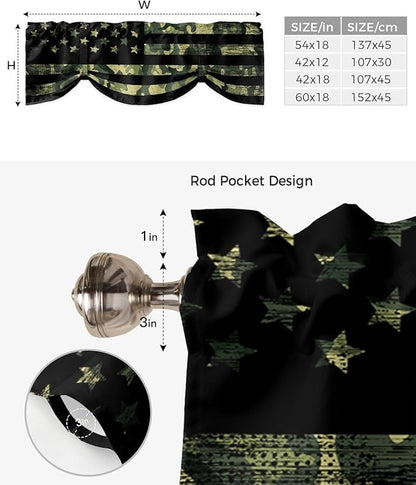 Rustic Green Camo Military Pattern American Flag Blackout Tie Up Valance Curtains for Kitchen Windows Camouflage Window Toppers Balloon Shades for Living Room/Bathroom/Bedroom,1 Panel,54" X 18"