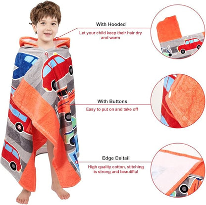 Kids Hooded Bath Beach Towel Girls Boys, Super Absorbent & Soft Towel Poncho for Shower/Beach/Pool Child Cover ups 50"x30" Large Towel Wrap (Car Pattern)