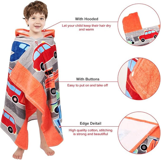 Kids Hooded Bath Beach Towel Girls Boys, Super Absorbent & Soft Towel Poncho for Shower/Beach/Pool Child Cover ups 50"x30" Large Towel Wrap (Car Pattern)