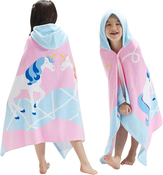 BANGSAUR Kids Hooded Bath Beach Towels, Oversize 100% Cotton 50"x30" Wrap, Toddlers Girls 3-12 Years Coverup Double Unicorn