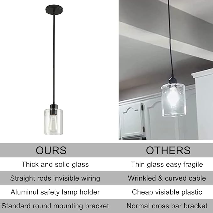 Black Pendant Lights Kitchen Island,Modern Farmhouse Glass Pendant Light,Light Fixture Kitchen Pendant Mini Hanging Light Fixture for Sink (Black 2 Pack Stem Rod)