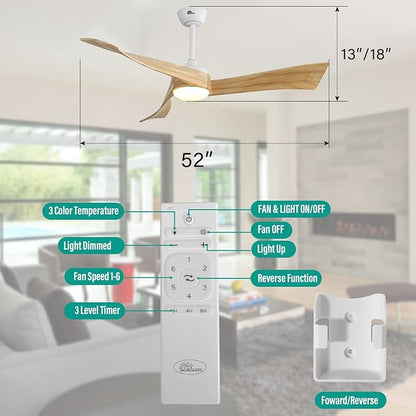 Sofucor 52" Ceiling Fans with Lights Remote Control, 3 Poles for Wave Modern Ceiling Fan with Remote, Outdoor Ceiling Fan for Patios with 6 Speeds and Dimming Lighting, Light Wood Grain