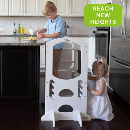 Little Partners Learning Tower Limited Edition Toddler Tower Step Stool Activity Center, Wooden Kids Learning Tower Standing Platform with Adjustable Height, Chalkboard, Safety Rails (Soft White)