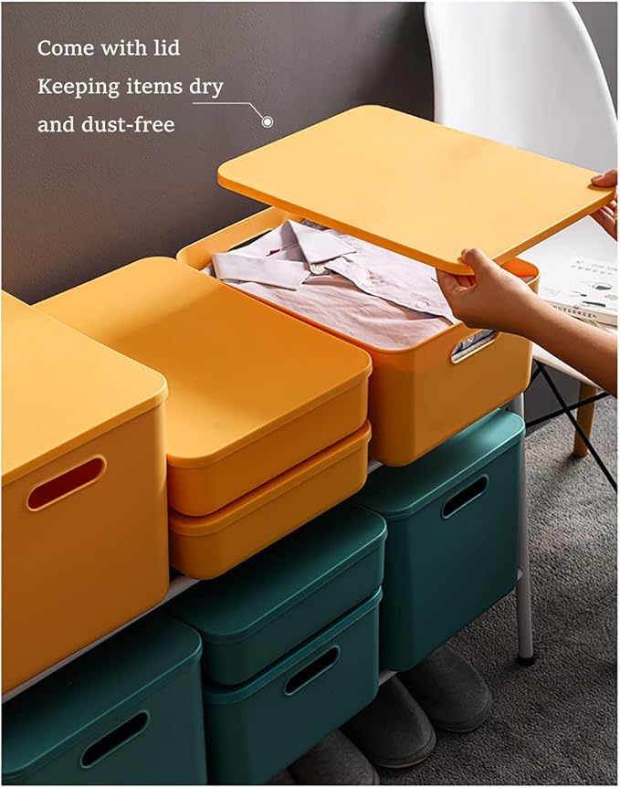 Plastic Storage Bins with Lid, Stackable Storage Containers for Organizing, Storage Baskets for Shelves Kitchen Bathroom Playroom Classroom Office (Medium (Blue+Green))