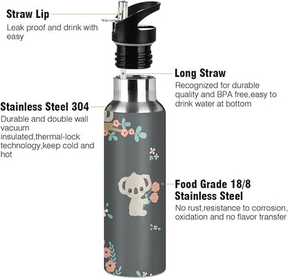 senya 20 Oz Water Bottle with Straw Koala and Flowers Stainless Steel Water Bottle for Traveling Sports Leakproof Insulated Water Bottle