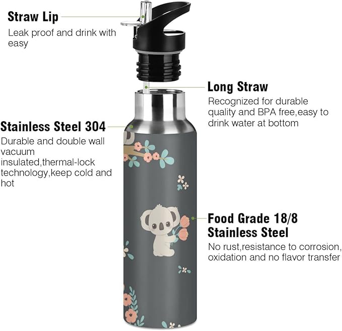 senya 34 Oz Water Bottle with Straw Koala and Flowers Stainless Steel Water Bottle for Traveling Sports Leakproof Insulated Water Bottle
