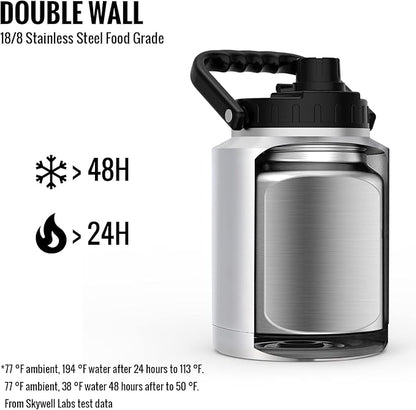 SkyWell 64 Oz Insulated Water Bottle Sleeve and Cup Kit Wide Mouth Water Flask Sweat-Proof and Leak-Proof Half Gallon Water Jug for Outdoors, Silver Kit