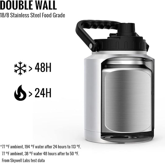 SkyWell 64 Oz Insulated Water Bottle Sleeve and Cup Kit Wide Mouth Water Flask Sweat-Proof and Leak-Proof Half Gallon Water Jug for Outdoors, Silver Kit