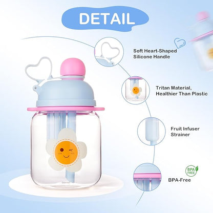 27oz Toddler Water Bottle, Tritan Sports Water Bottle with Straw, Plastic Water Bottle with Soft Strap, Kids Water Bottle for School, Includes Fruit Infuser Strainer, Leak-Proof, BPA Free, Blue