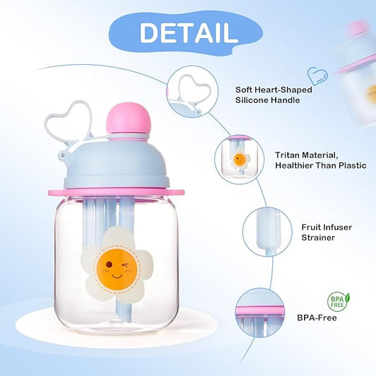 27oz Toddler Water Bottle, Tritan Sports Water Bottle with Straw, Plastic Water Bottle with Soft Strap, Kids Water Bottle for School, Includes Fruit Infuser Strainer, Leak-Proof, BPA Free, Blue