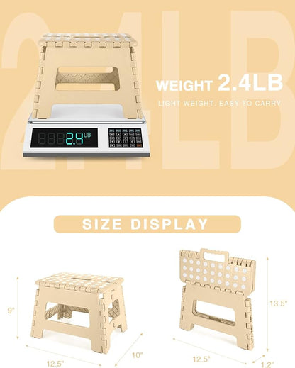 Folding Step Stool 9", Kids Step Stool, Heavy Duty Step Stools for Adults, Compact Foot Stools, Light-Weight Toddler Step Stool for Kitchen, Bathroom, Holds Up to 300 lbs (Khaki)