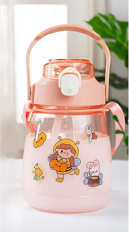 PEXIZUAN Kawaii water bottle big belly cup big water bottle cute travel cup strap straw cup(Handle pink,1300ML)