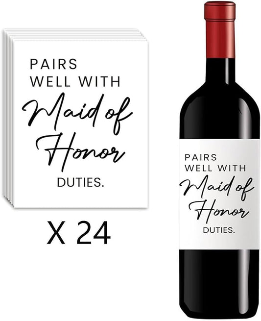 24Pcs Maid of Honor Wine Labels, Bridesmaid Proposal Gifts, Wedding Engagement Gift for Maid of Honor Bridesmaid Wine Label, Pairs Well with Maid of Honor Duties Wine Bottle Stickers Labels