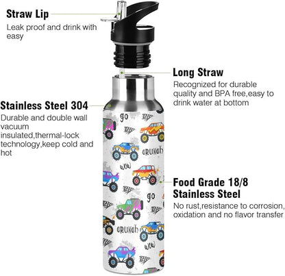 Monster Truck Sports Water Bottle, Double Wall Vacuum Insulated Stainless Steel Water Bottle with Straw Keeps Hot and Cold, Bike Running Sports Travel Gym 20oz