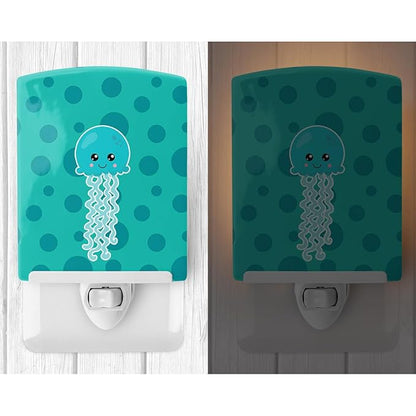 Caroline's Treasures BB8796CNL Ocean Jellyfish Blue Ceramic Night Light Compact, UL-Certified, Ideal for Bedroom, Bathroom, Nursery, Hallway, Kitchen, 6x4x3, Multicolor