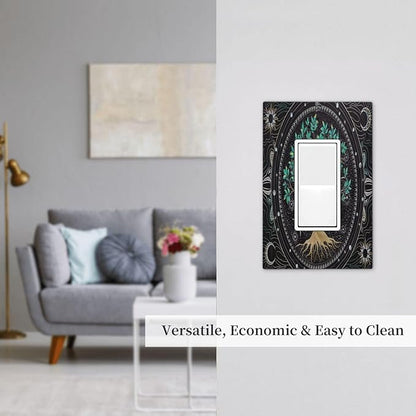 Tree of Life Blackground 1 Gang Rocker Light Switch Plate Hippie Sun Moon Star Single Decora Outlet Wall Plate Cover Faceplate Decorative Switchplate GFCI for Bathroom Bedroom Living Room Decorate