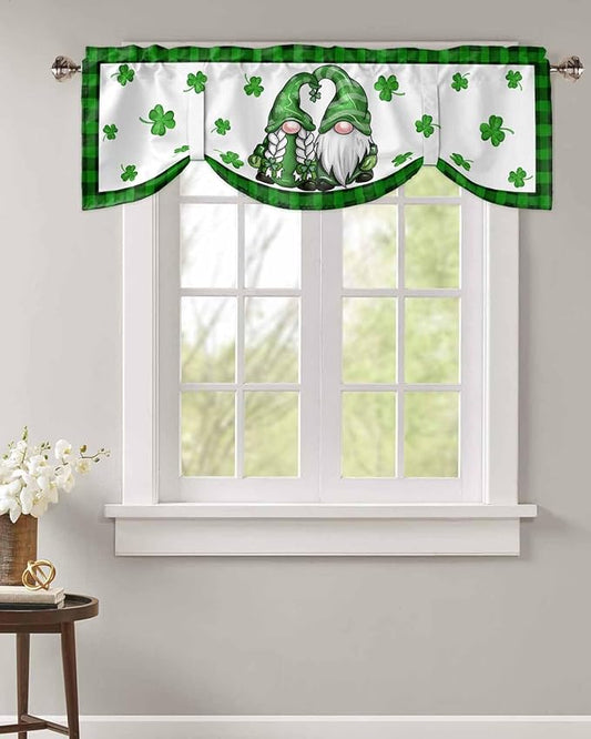 Gnome St. Patrick's Day Blackout Tie Up Valance Curtains for Kitchen Windows Buffalo Plaid Shamrock Window Toppers Balloon Shades for Living Room/Bathroom/Bedroom,1 Panel, 42" X 12", Spring Holiday