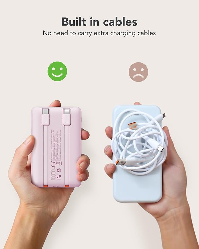Mini Portable Charger for iPhone - 10000mAh Small PD 22.5W Fast Charging Power Bank with Built-in Cables - Travel Essentials USB C Slim Battery Pack Compatible with iPhone, Android, and More…