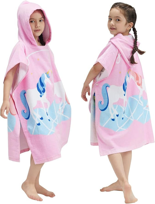 Kids Hooded Towel Bath Beach Soft Cotton Towels Girls Absorbent Pool Wrap with Hood Baby Toddler Poncho Robe(Unicorns,5-9Years/Height:43"-51")