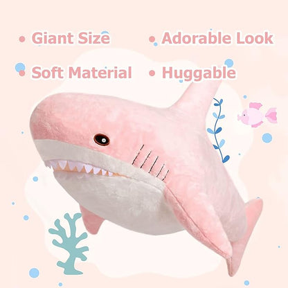 MorisMos Pink Shark Plush Toy, 40in Stuffed Animal, Giant Shark Stuffed Toy for Kids, Cuddly Plush, Birthday, Christmas Gift
