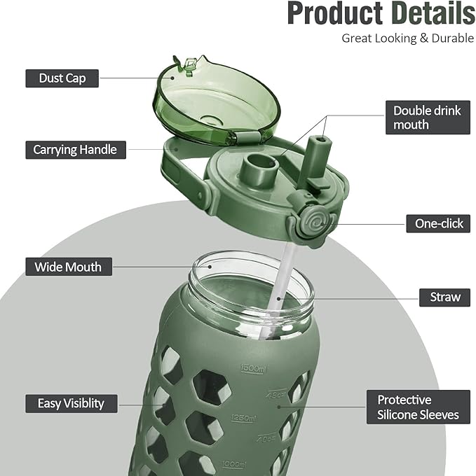 MUKOKO Half Gallon/64 oz Glass Water Bottles with Straw and Lid,Motivational Water Jug with Time Marker Reminder and Silicone Sleeve,100% Leakproof BPA Free Fitness Sports Large Bottle-Olive